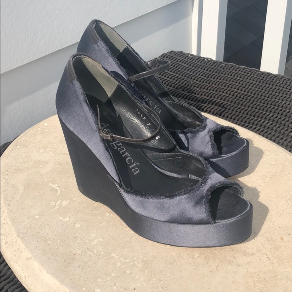 Pedro Garcia frayed edge satin Mary Jane wedge.